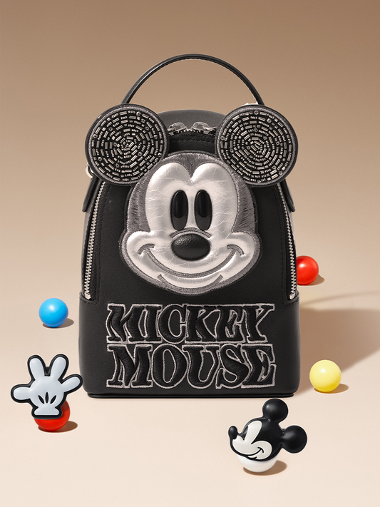 (Preorder) Mickey Mouse Black Embroidered Leather Backpack